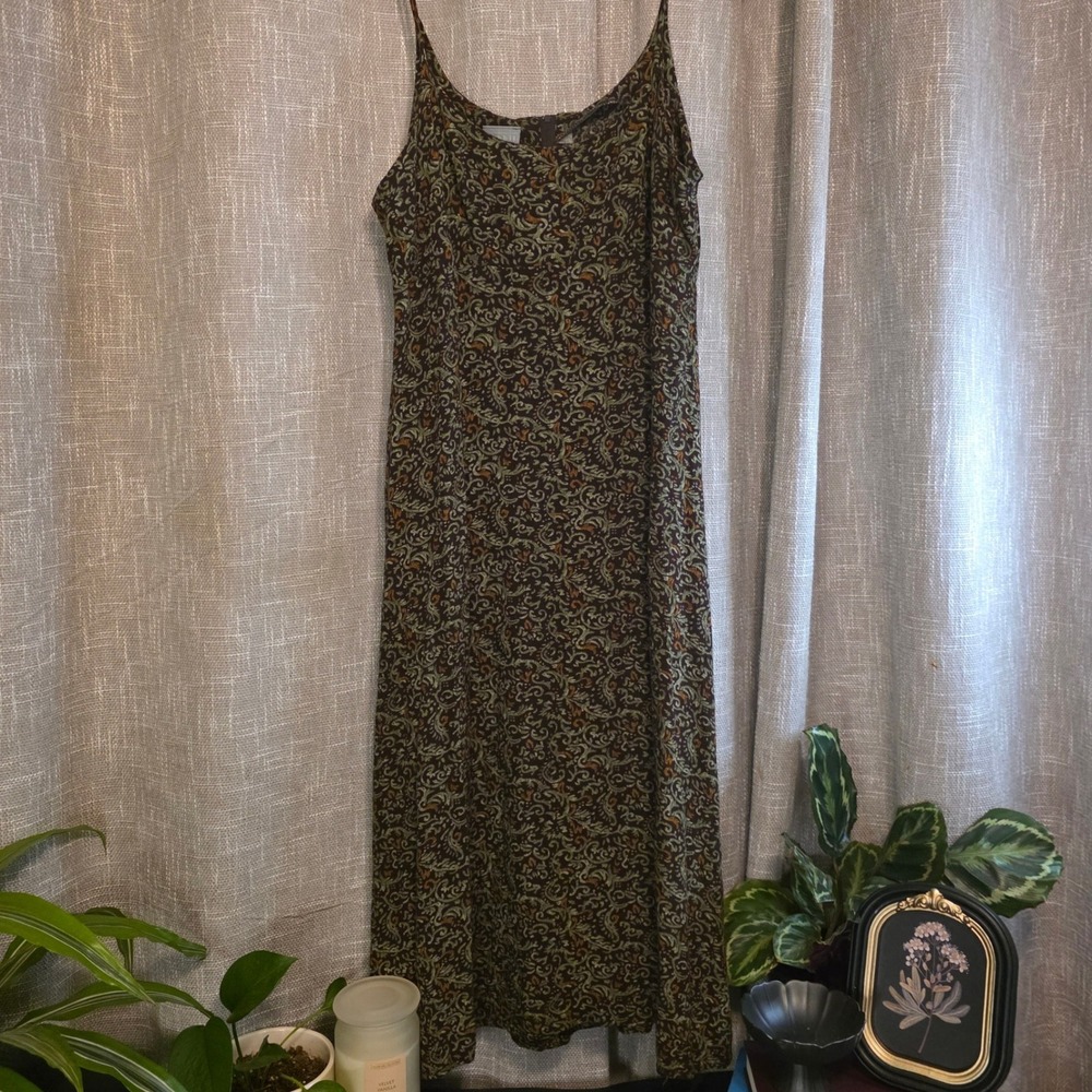 Vtg Rabbit Rabbit Rabbit 90s Rayon  Paisley Midi Slip Dress Brown Green USA 14